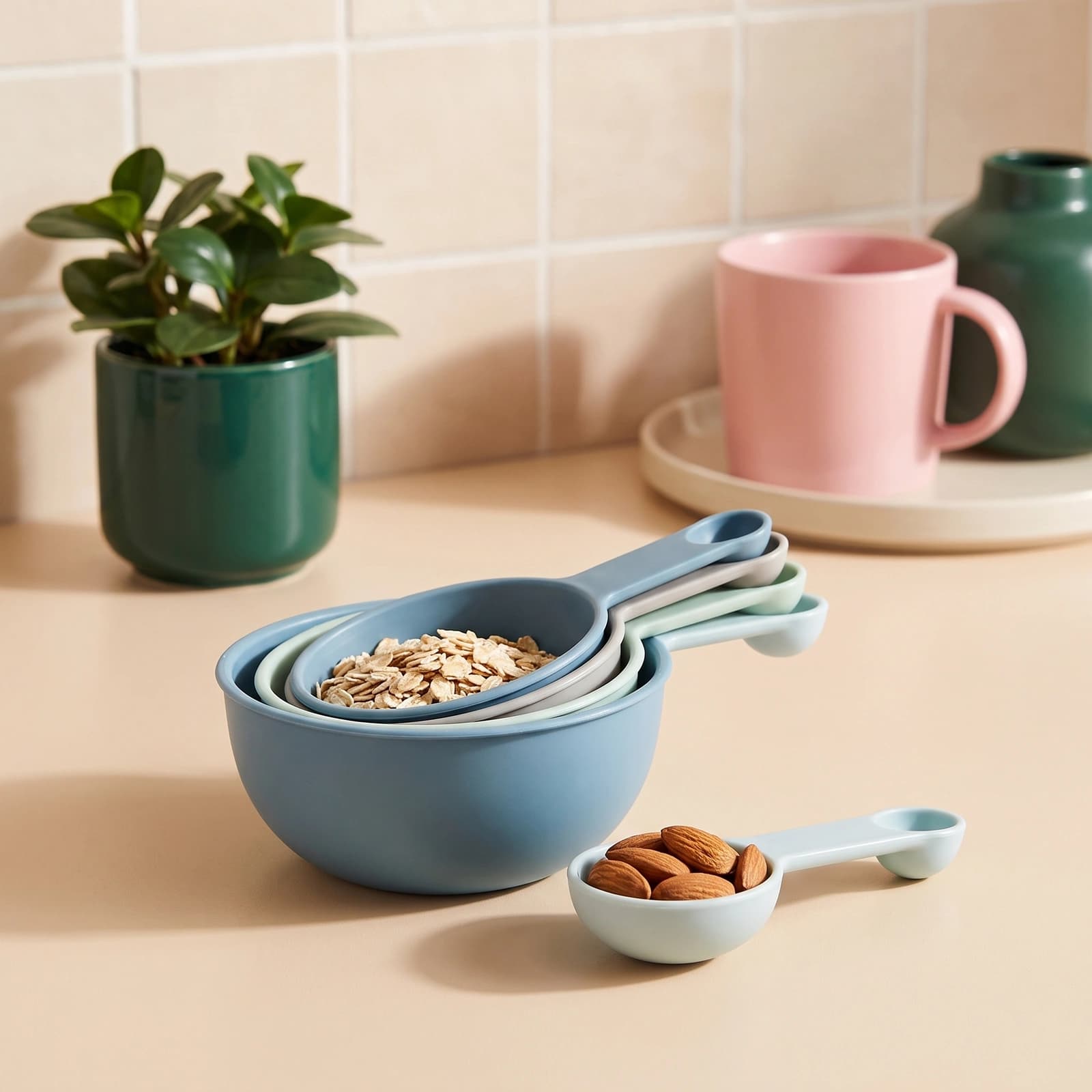 Set of four nested plastic measuring cups in shades of blue, green, and grey, with handles, on a white background.