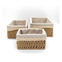 Three rectangular natural beige khous storage baskets with floral fabric liners and lace trim, varying sizes. - view 2