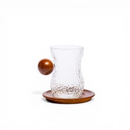 Textured Glass Tea Cup with Wooden Handle and Coaster - view 1