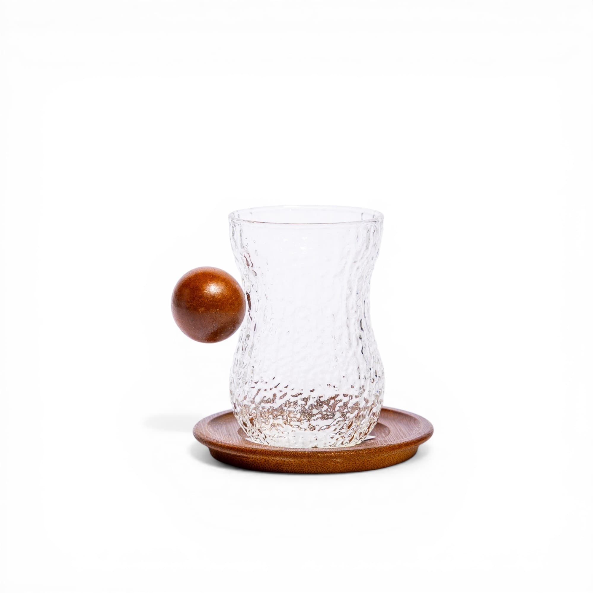Textured Glass Tea Cup with Wooden Handle and Coaster