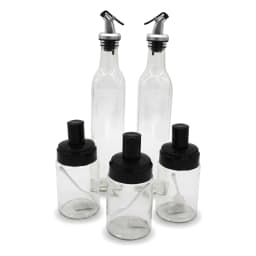 Five clear glass bottles and jars with black and silver tops on a white background. Two tall oil/vinegar bottles, three smal… - view 2
