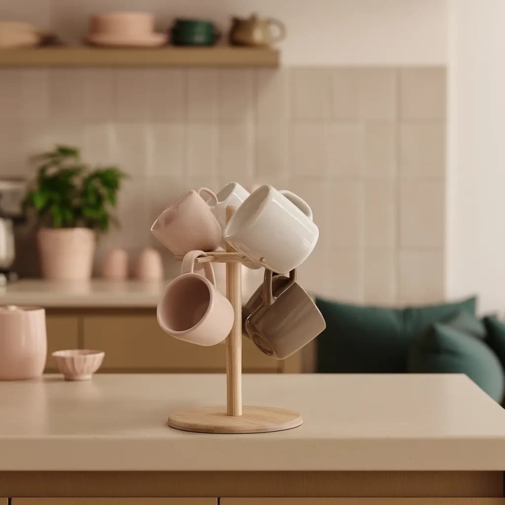 Wood Mug Holder Stand - 6 Hooks - Natural Light Brown