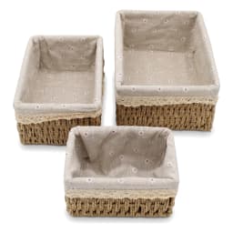 Three rectangular natural beige khous storage baskets with floral fabric liners and lace trim, varying sizes. - view 3