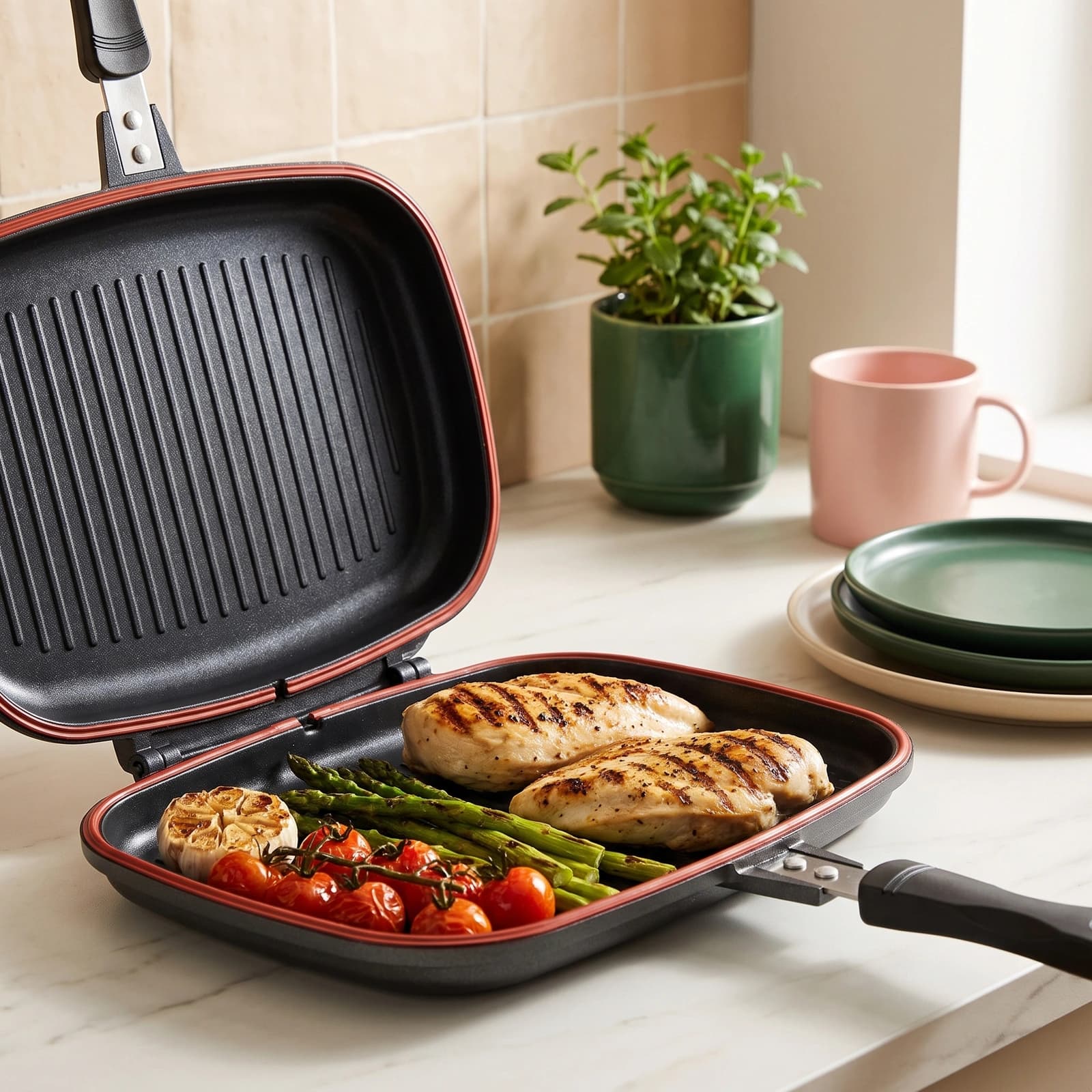 Open black granite double-sided grill pan with red trim, cooking grilled chicken, asparagus, and tomatoes on a kitchen count…