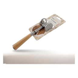 Silver metal meat tenderizer with a dual-sided head and a light brown metal handle, on retail packaging. - view 3