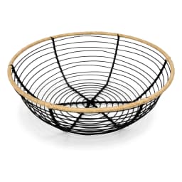 Round black stainless steel wire fruit basket with natural rope trim and a white checkered fabric liner on a white backgroun… - view 3