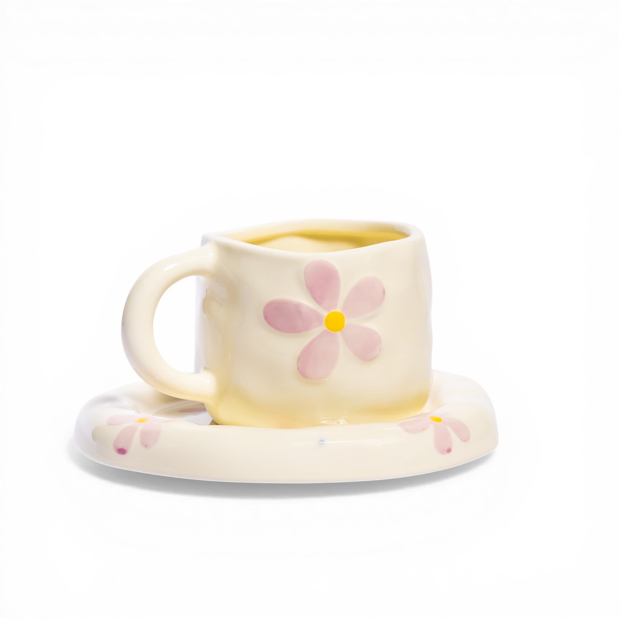 Ceramic Mug & Saucer Set - Cream with Pink Flowers