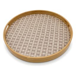 Round Wood Serving Tray - Natural Beige Woven Base 4 piece - view 2