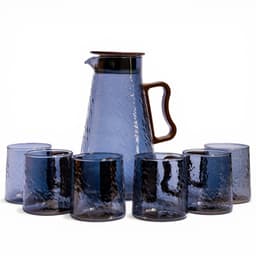 Textured Glass Pitcher & 2 Glasses Set - Blue with Brown Handles - view 3
