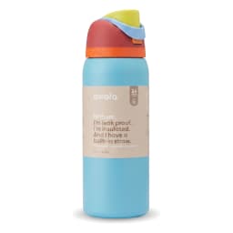 Light blue stainless steel insulated water bottle with a multi-color lid (red, orange, green, light blue) on a wooden table. - view 2
