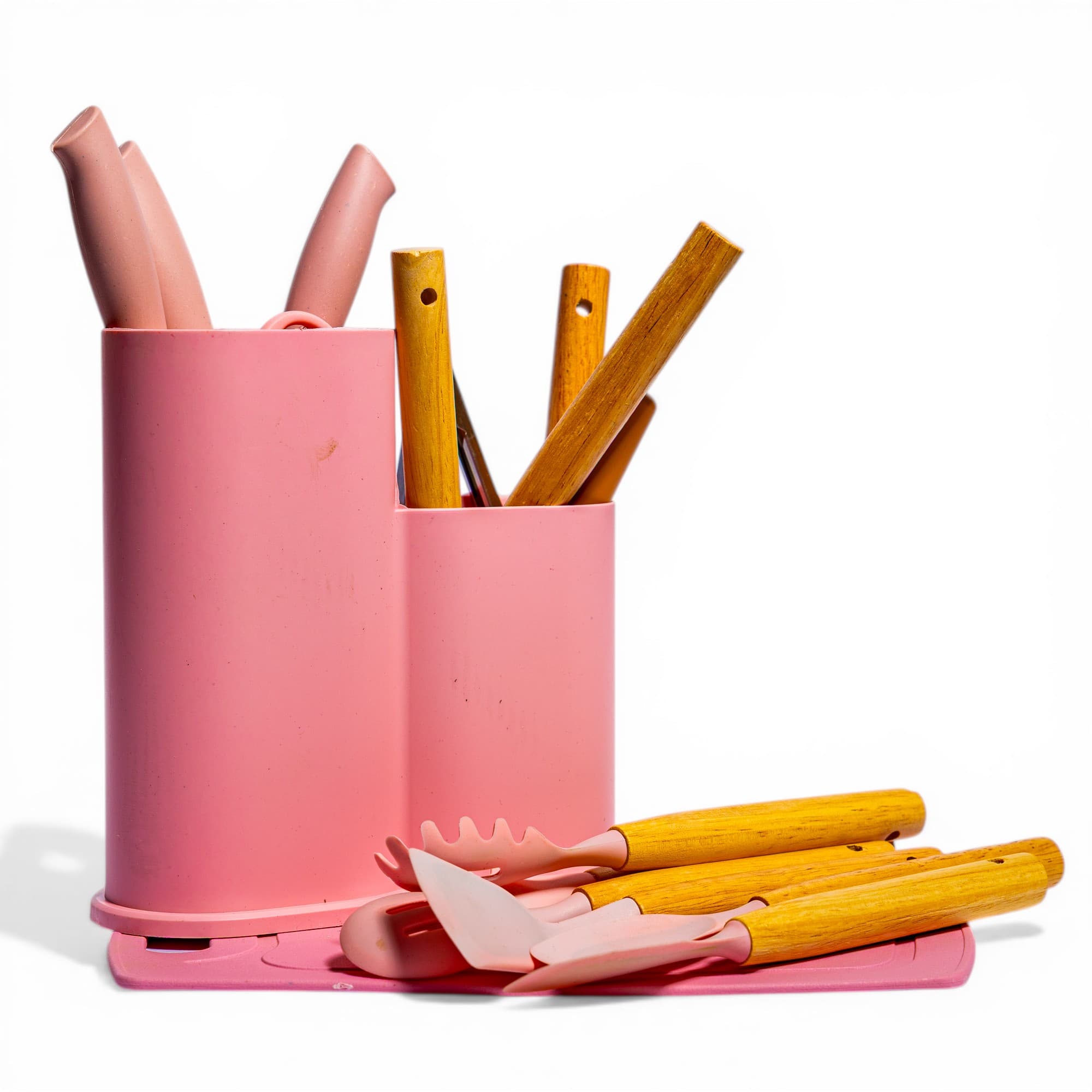Kitchen Utensil Set with Holder - Pink & Wood