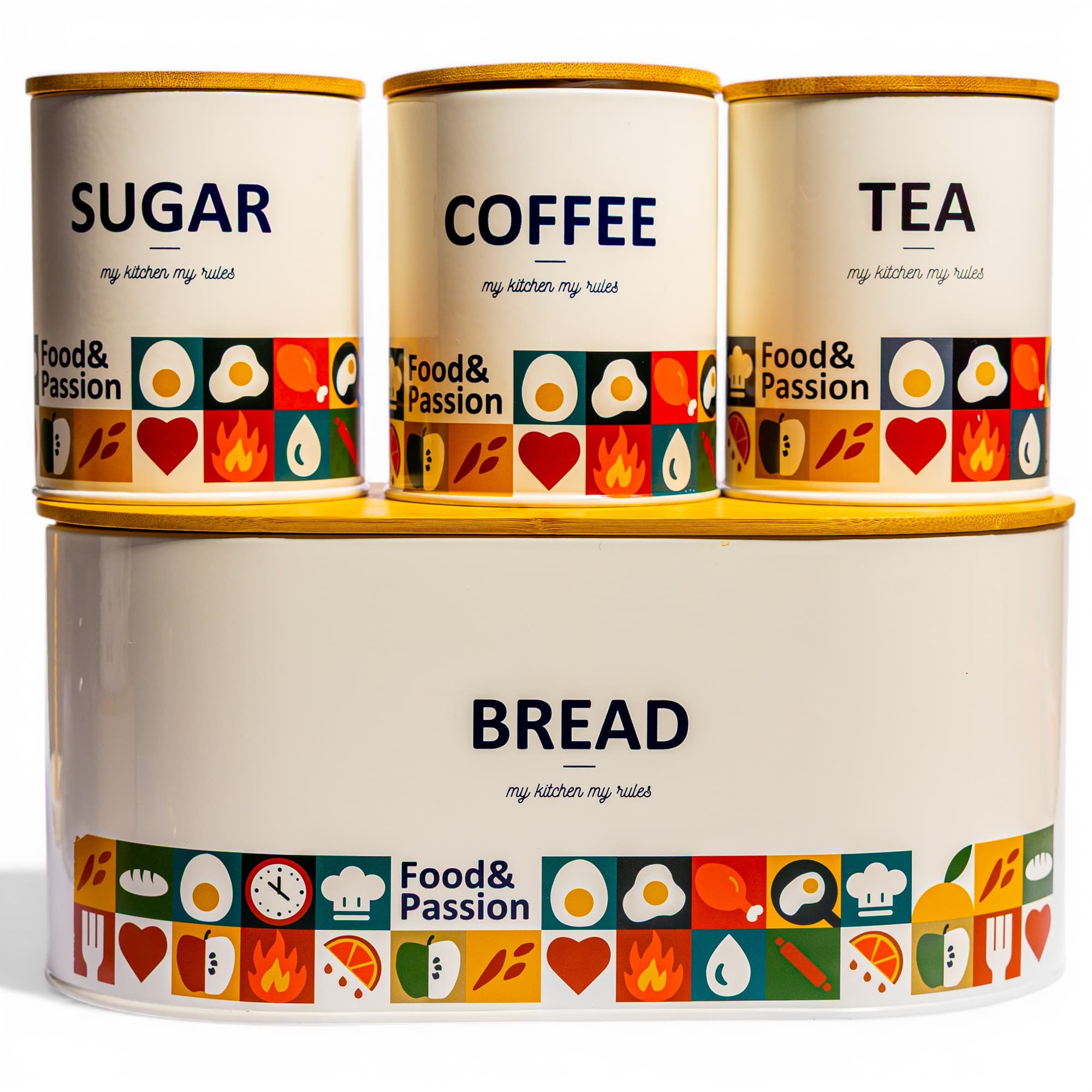 4 Pc Metal Kitchen Storage Canister Set - Bread, Coffee, Tea, Sugar