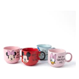 Four colorful ceramic mugs, pink, red, light blue, light pink, stacked on a black metal stand, each with a Disney character… - view 3