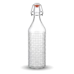 Clear glass bottle with a woven texture on the lower half, a silver metal swing top clasp, white stopper, and orange gasket… - view 2