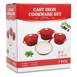 Four blue cast iron cookware pieces: three pots with lids and one frying pan, with cream interior, on a white shelf. - view 3