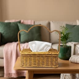Rectangular Khous woven tissue box cover with a decorative arched handle in natural brown color on a white background. - view 1