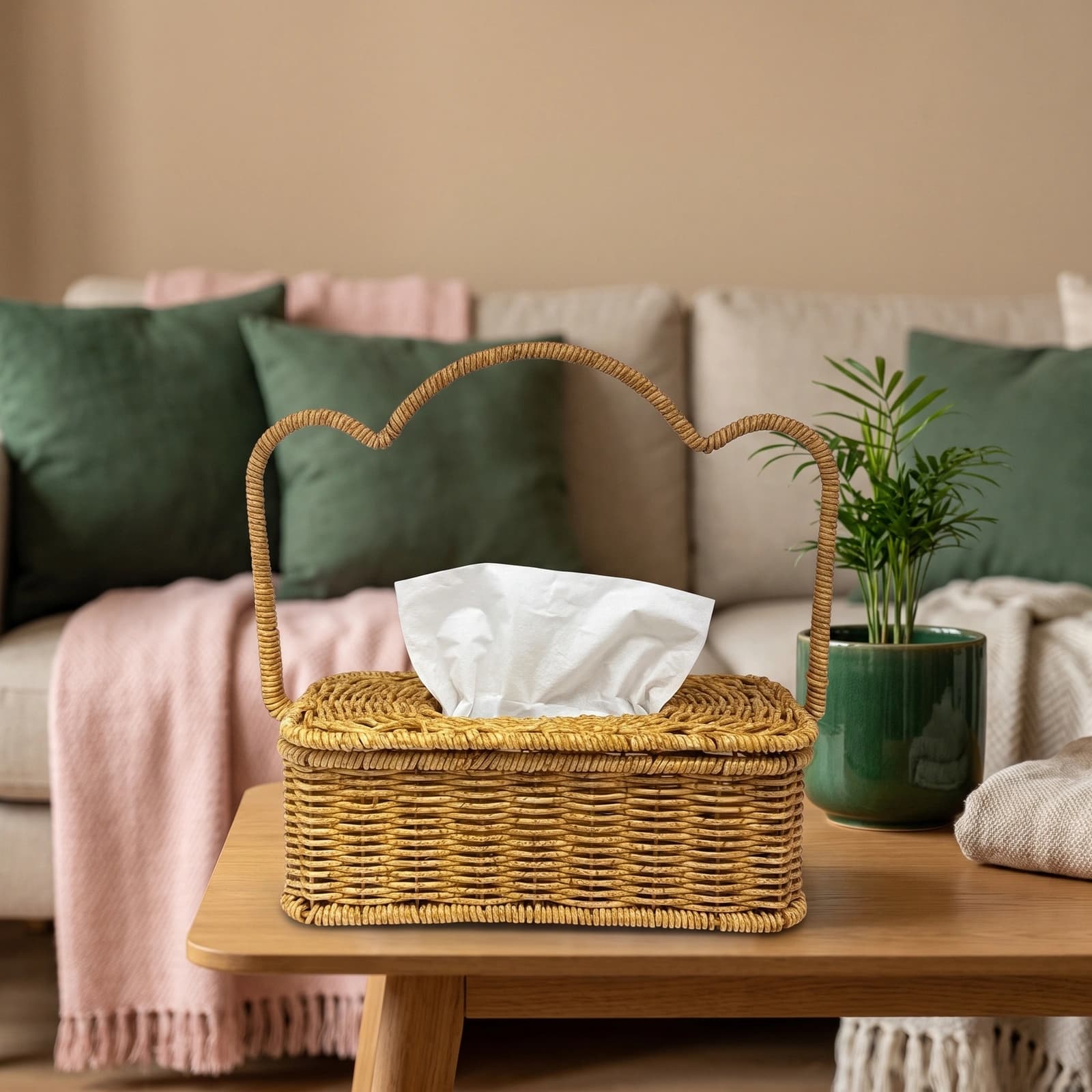 Rectangular Khous woven tissue box cover with a decorative arched handle in natural brown color on a white background.