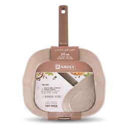 Square ceramic grill pan in beige and cream color, filled with grilled chicken skewers and vegetables on a kitchen counter. - view 2