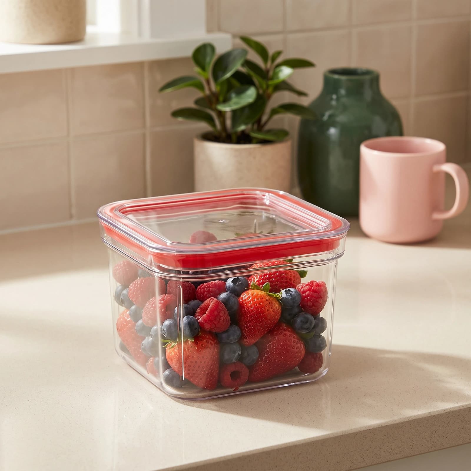 Plastic Food Storage Container - Clear with Red Lid