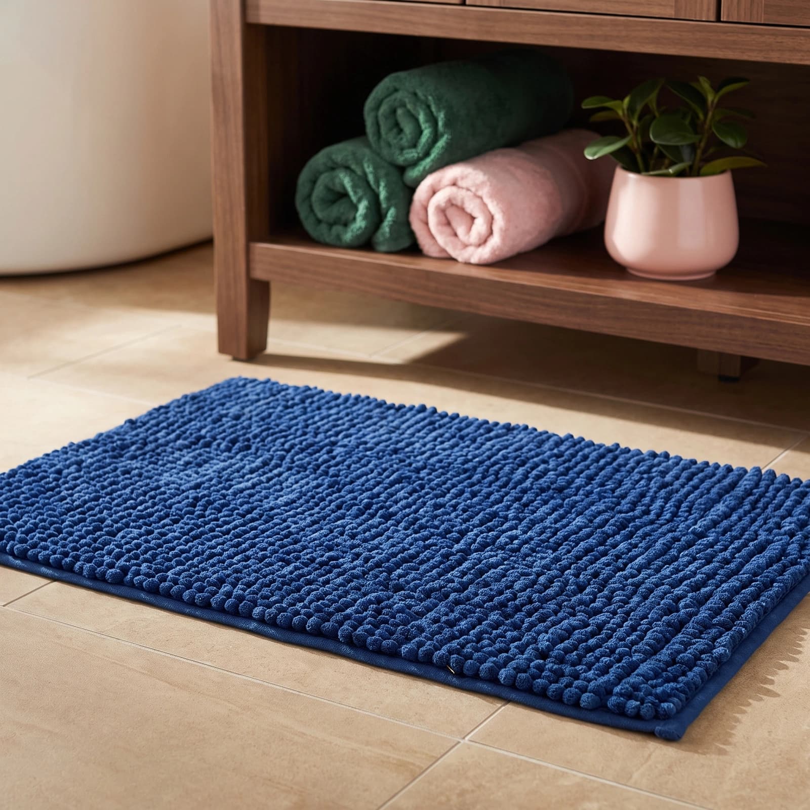 Dark blue rectangular shaggy bath mat on light brown tiled bathroom floor, with a wooden cabinet and rolled towels in backgr…
