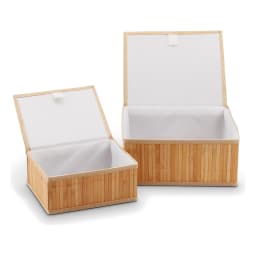Two natural brown wood and khous rectangular storage boxes with lids, one partially open, filled with rolled textiles. - view 4
