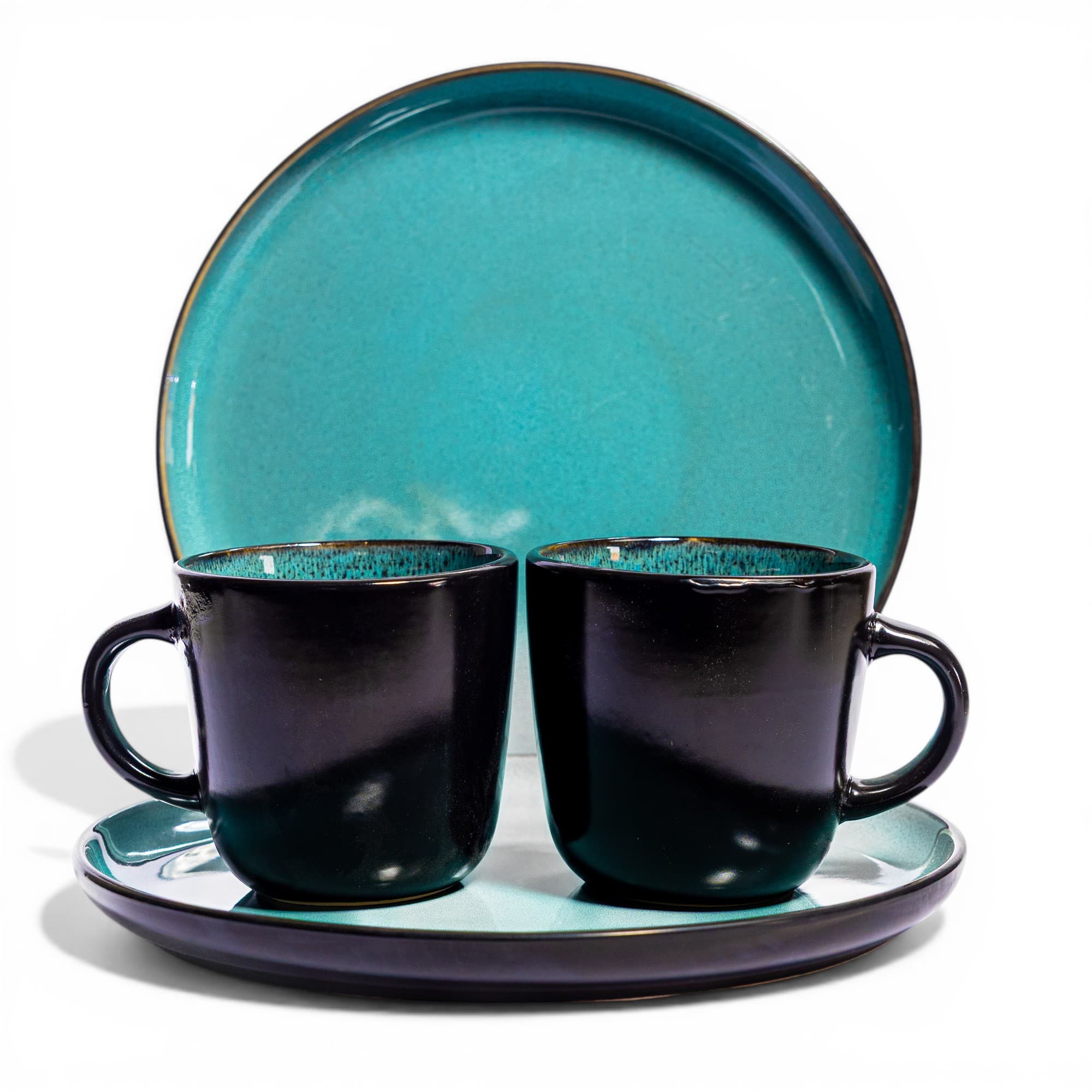 Ceramic Coffee Mug & Plate Set - Black & Teal