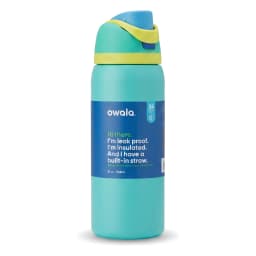 Teal and lime green stainless steel insulated water bottle with a push-button lid and built-in straw, 945ml capacity. - view 2