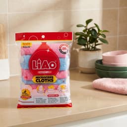 Pack of 6 pink and blue microfiber cleaning cloths, 30x30cm, in clear plastic packaging on a white background. - view 1