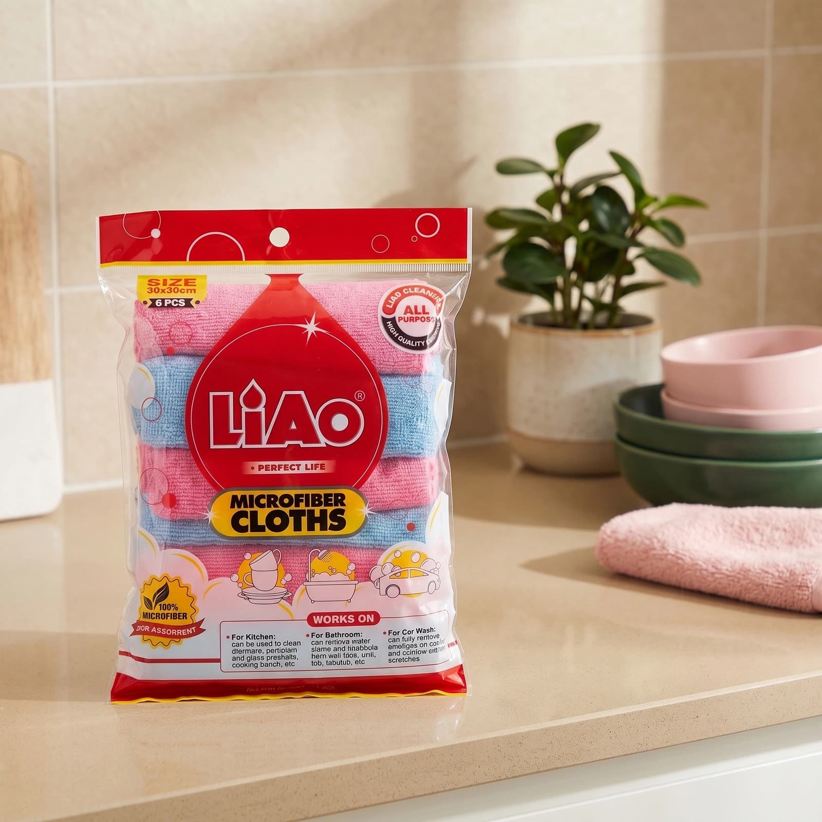 Pack of 6 pink and blue microfiber cleaning cloths, 30x30cm, in clear plastic packaging on a white background.