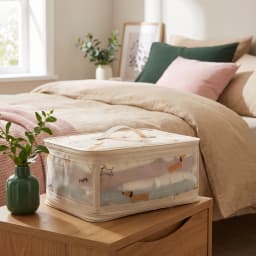 Rectangular beige fabric storage box with brown dachshund dog pattern and a beige zipper and handle on a white background - view 1