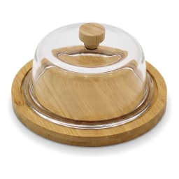 Round mini serving cloche with a clear glass dome and a light brown wooden base and knob on a white background. - view 2