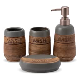 Four-piece ceramic bathroom set in grey and brown, with textured finish and 'WASH' embossed, including soap dispenser, two t… - view 2