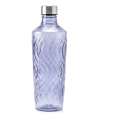 Transparent grey glass bottle with a wavy textured design and a silver metallic cap, standing on a white shelf. - view 2