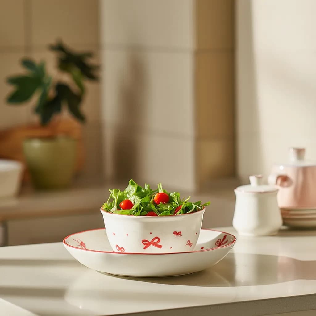 porcelain Dessert Plate - White with Red Bows
