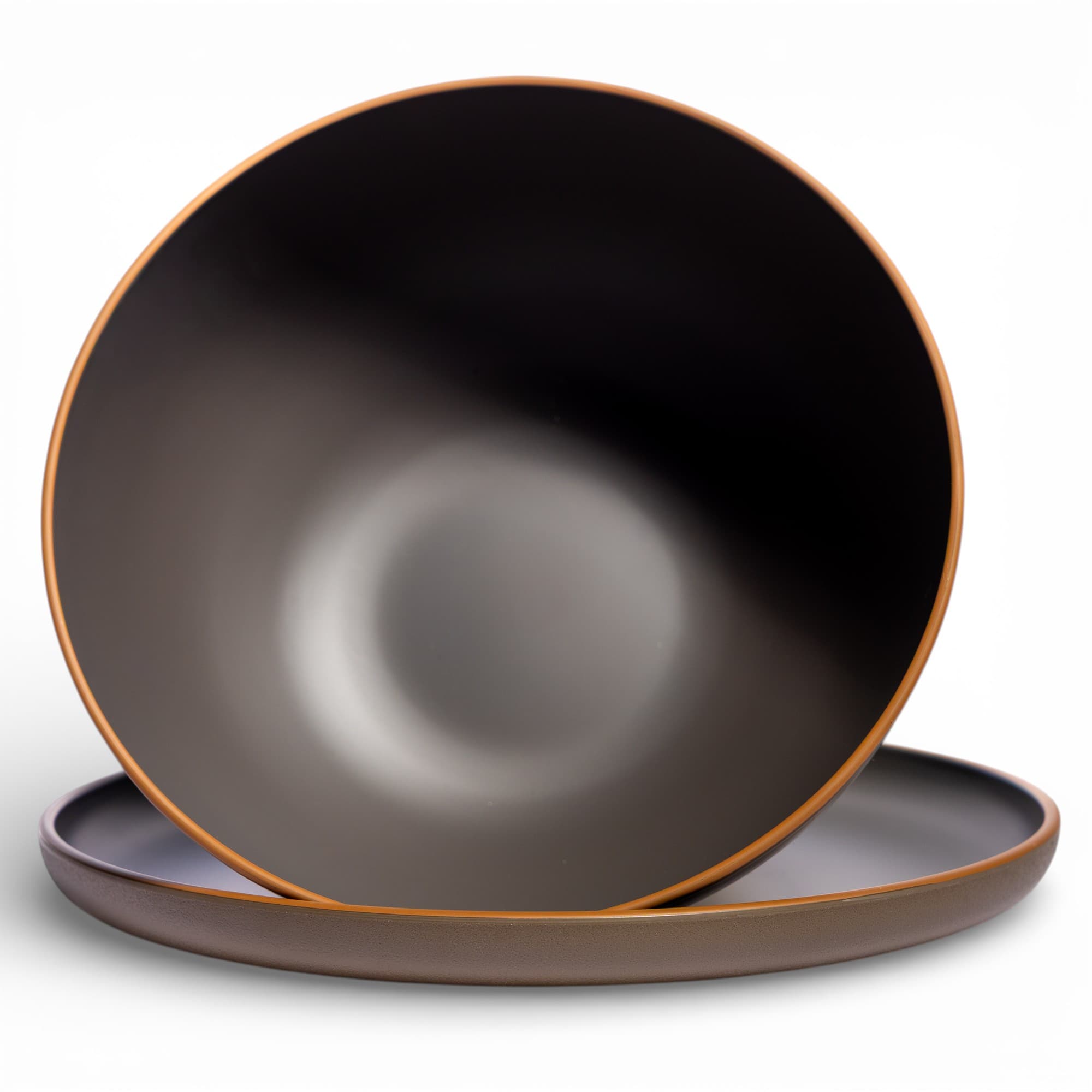 Stoneware Bowl & Plate Set - Dark Grey with Orange Rim