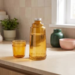 Amber glass bottle with silver cap and matching decorative glass cup on a white shelf against a light background. - view 1