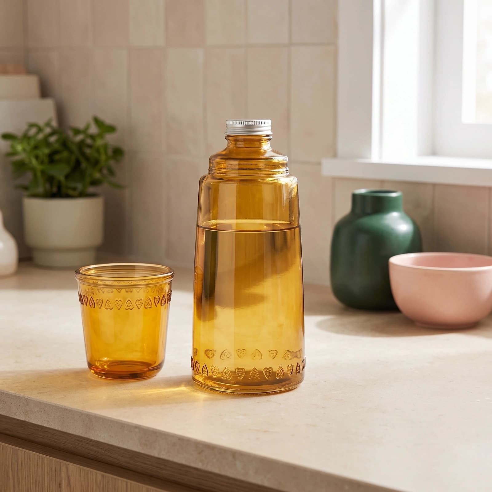 Amber glass bottle with silver cap and matching decorative glass cup on a white shelf against a light background.