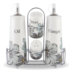 Cream porcelain oil and vinegar dispensers with salt and pepper shakers, all with blue floral design, in a silver metal stan… - view 2