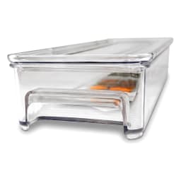 Single clear rectangular acrylic storage box with a transparent lid, empty, displayed on a white shelf. - view 3