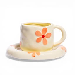 Ceramic Mug & Saucer Set - Cream with Orange Flowers - view 1