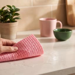 Three pink cellulose sponge cloths in clear plastic packaging with orange and red branding, showing size 18x20cm - view 1