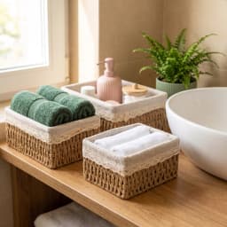 Three rectangular natural beige khous storage baskets with floral fabric liners and lace trim, varying sizes. - view 4