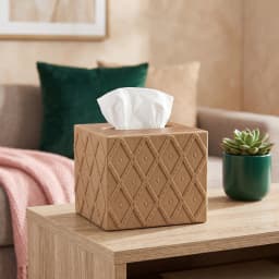 Brown wood top and tan leather-look tissue box cover with a raised diamond quilted pattern, isolated on a white background. - view 4