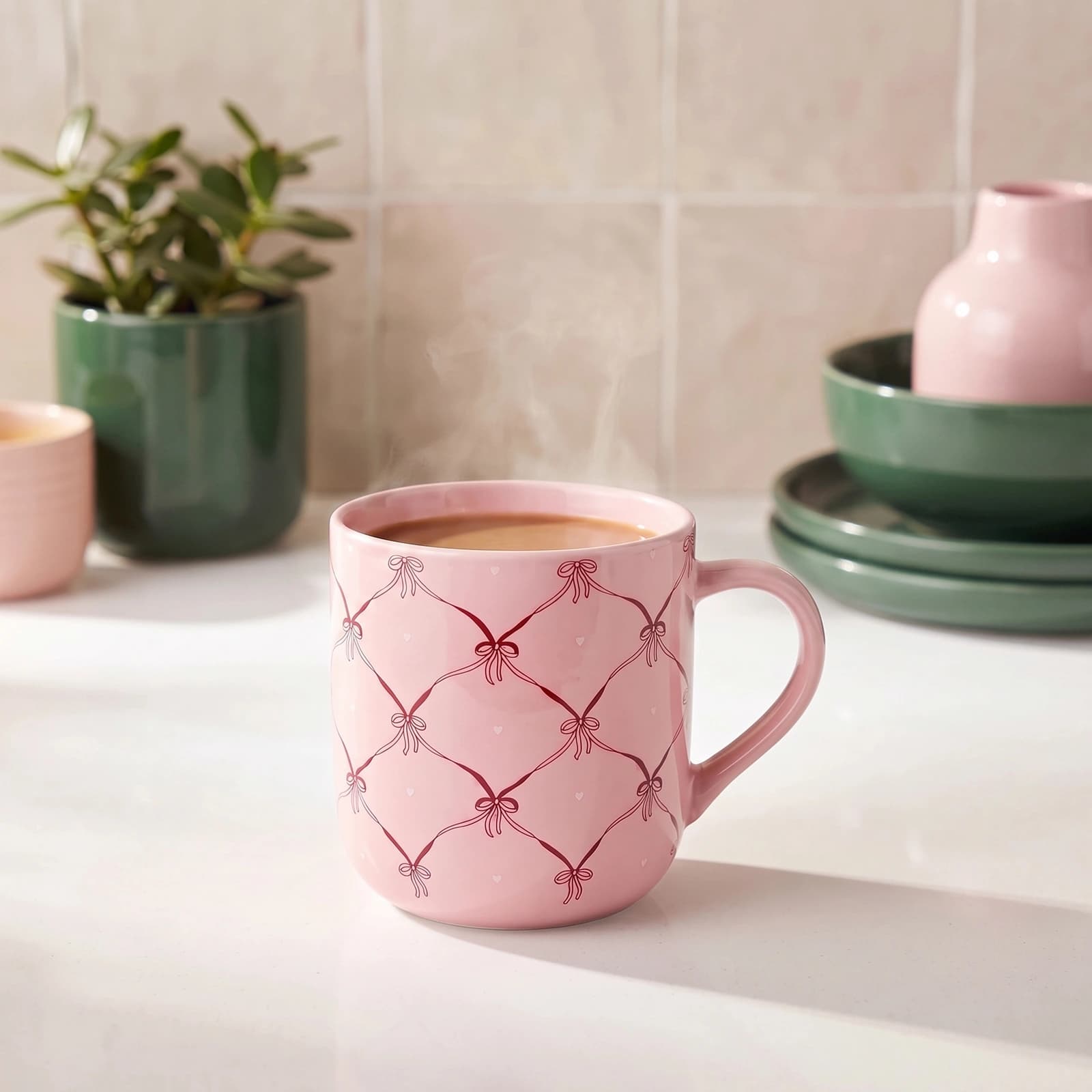 Light pink ceramic mug with a dark pink bow and lattice pattern, filled with a light brown beverage, on a white countertop.