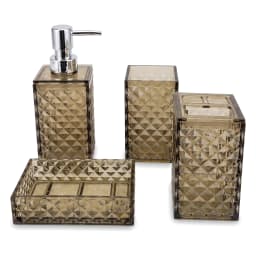 Four-piece smoky grey acrylic bathroom set with geometric texture, including soap dispenser, soap dish, tumbler, and toothbr… - view 2