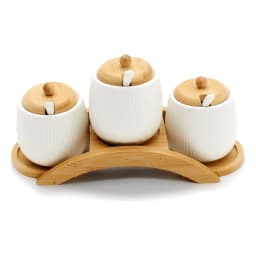 Set of 3 porcelain Storage Jars with Bamboo Lids & Stand - White - view 2