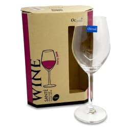 Two clear stemmed glass wine glasses in a brown and purple cardboard box, one glass is outside the box. - view 2