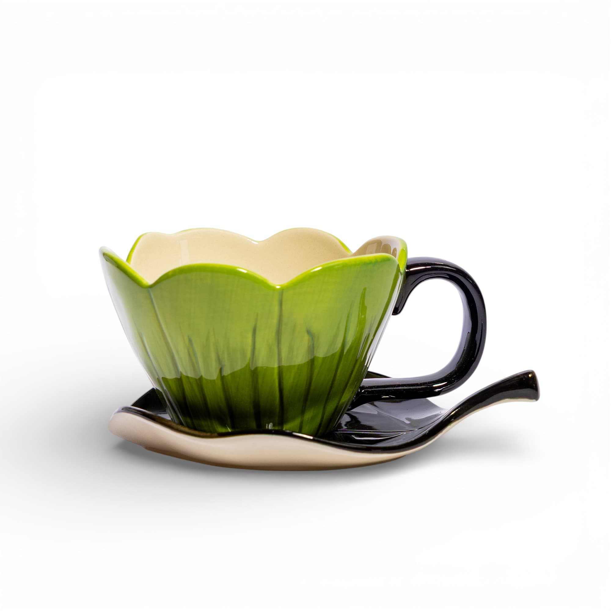 Ceramic Cup and Saucer Set - Green Leaf Design