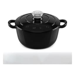 Black cast iron pot with its lid slightly ajar, filled with a steaming beef and carrot stew, on a light tiled kitchen counte… - view 3