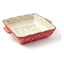 Set of 3 rectangular granite baking dishes, red exterior with white floral pattern, cream interior, on a white background. - view 5